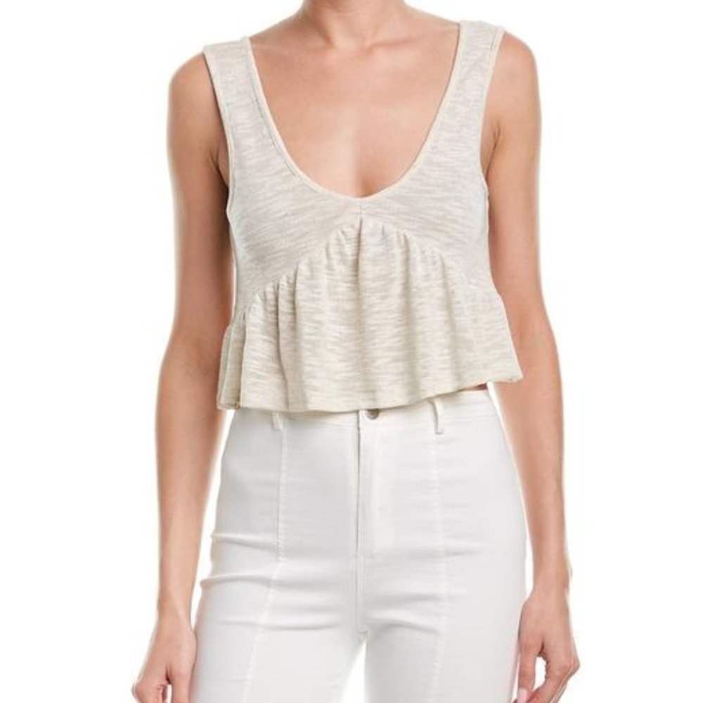 BCBGGeneration Flounce Hem Linen-blend Tank Top V-neck Oatmeal Babydoll Crop Top